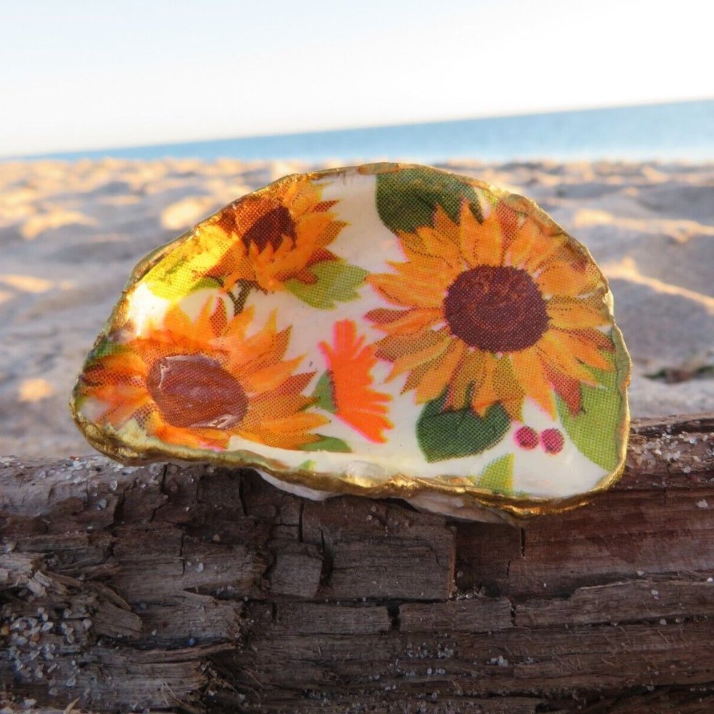 Golden Sunflowers Oyster Shell Decoupage Trinket Dish Handmade
